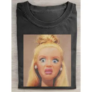 Funny Wide Eyed Blonde Doll Face Graphic Tee Unisex Vintage Wash Streetwear Crewneck Short Sleeve Soft Cotton Casual Everyday Outfit Top