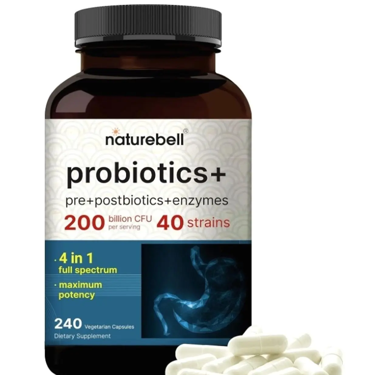 Probiotic 200 Billion CFU – 40 Strains Per Serving | 240 Veggie Capsules with Prebiotics and Probiotics – Full Spectrum Complex with Enzymes – Daily Probiotics for Women & Men