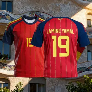 Red and Yellow Number 19 Soccer Fan Jersey, Iberian National Team Style Football Athlete Graphic Tee, Premium Breathable Performance Activewear Shirt for Men and Teens