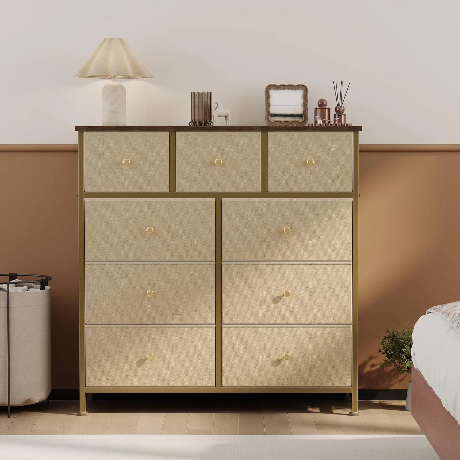 9 Drawer Dresser for Bedroom, Storage Organizer Chest of Drawers | Fabric Storage Tower with Sturdy Metal Frame, Wood Tabletop, Storage Organizer for Closet