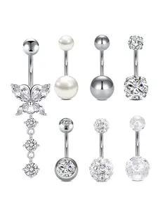 Stainless Steel Cz Belly Ring Set, Elegant Design, 7 Piece Body Jewelry Kit for Women & Girls, Perfect Holiday Gift Idea
