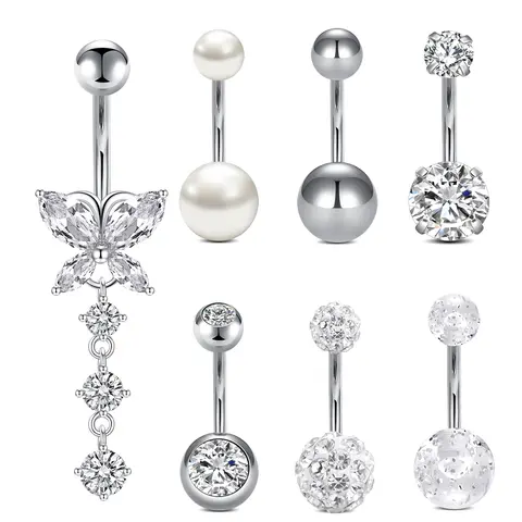 Stainless Steel Cz Belly Button Rings Set, Elegant Design, 7 Piece Body Jewelry Kit for Women & Girls, Perfect Holiday Gift Idea