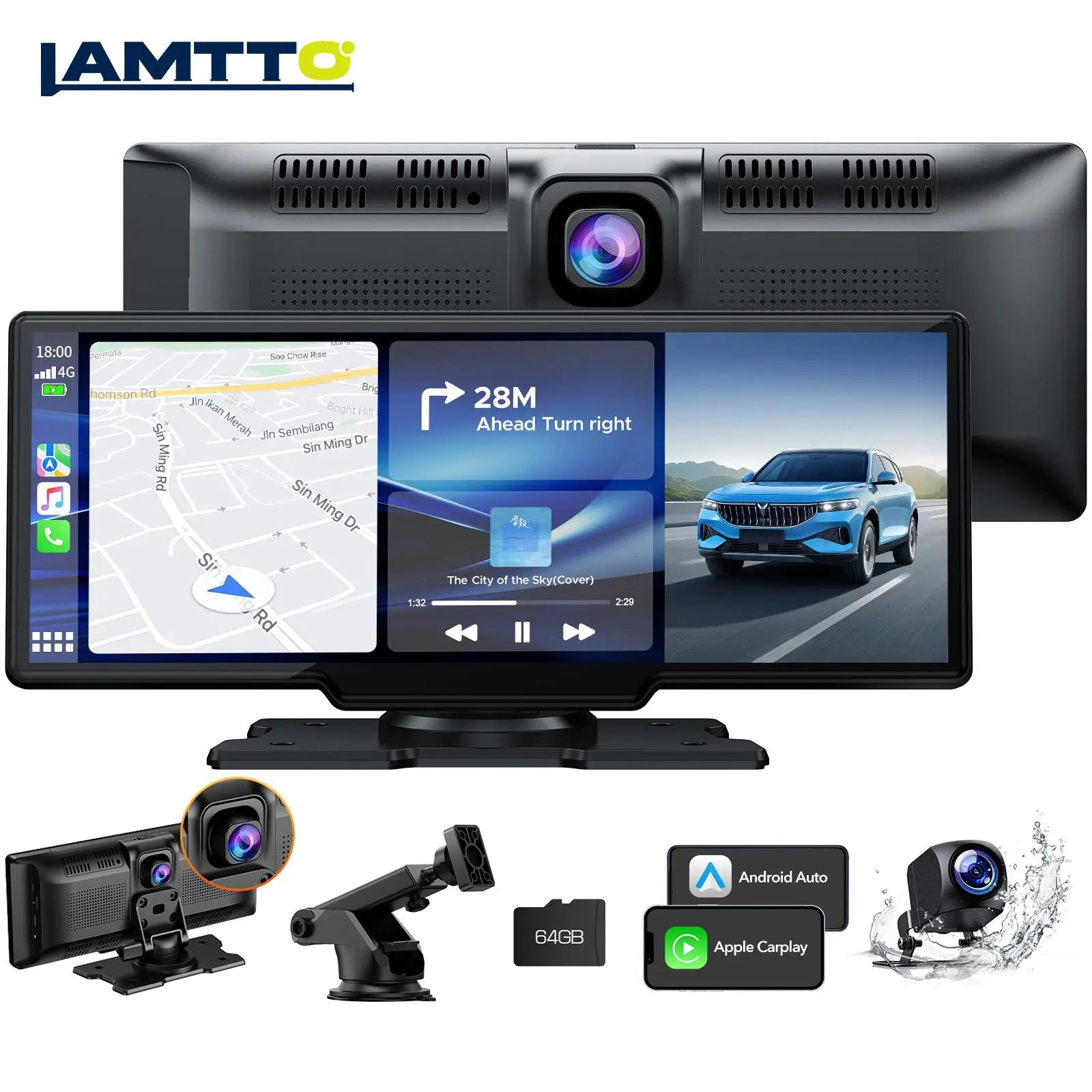 【SpringGlowUp】LAMTTO 9.26" Wireless Carplay Screen for Car Stereo with DVR 2.5K Front Recording 1080P Reverse Rear Camera with 64GTFCard,Support FM/Bluetooth/Wifi/Speaker/Airplay, Automotive Vehicle Upgarded | Gifts
