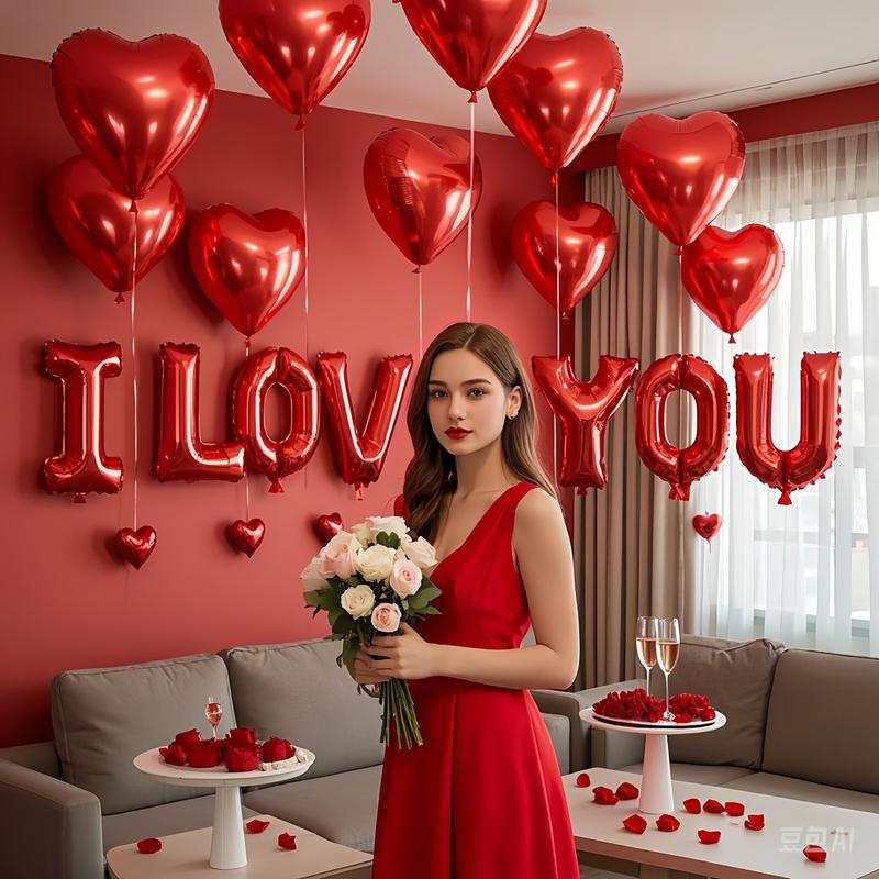 17-piece set of red heart-shaped balloons with "I Love You" lettering, suitable for Valentine's Day, bridal showers, marriage proposals, wedding party decorations, Halloween decorations, and Christmas decorations.