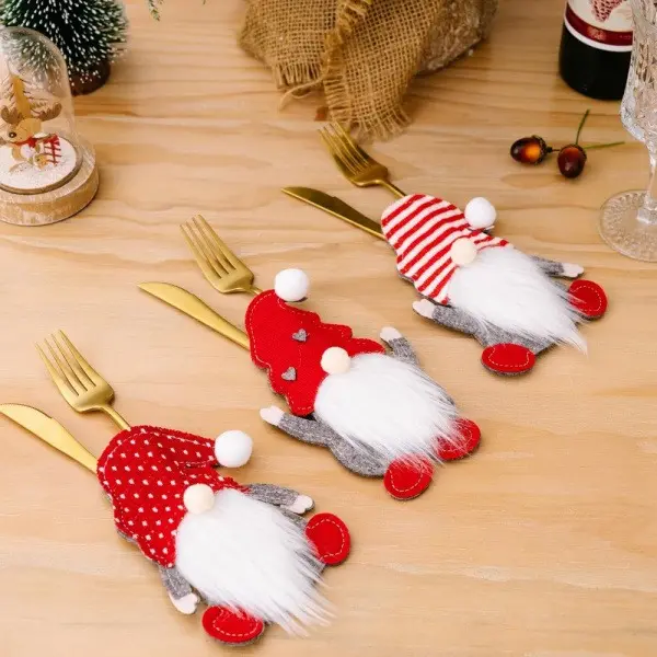 2-Pack Felt Christmas Gnome Cutlery Holders with Hat & Slide Design, Cute Faceless Dwarf Knife-Fork Sleeves, Holiday Tableware Covers, Festive Dinner Table Decor for Family Parties, Ideal Gift