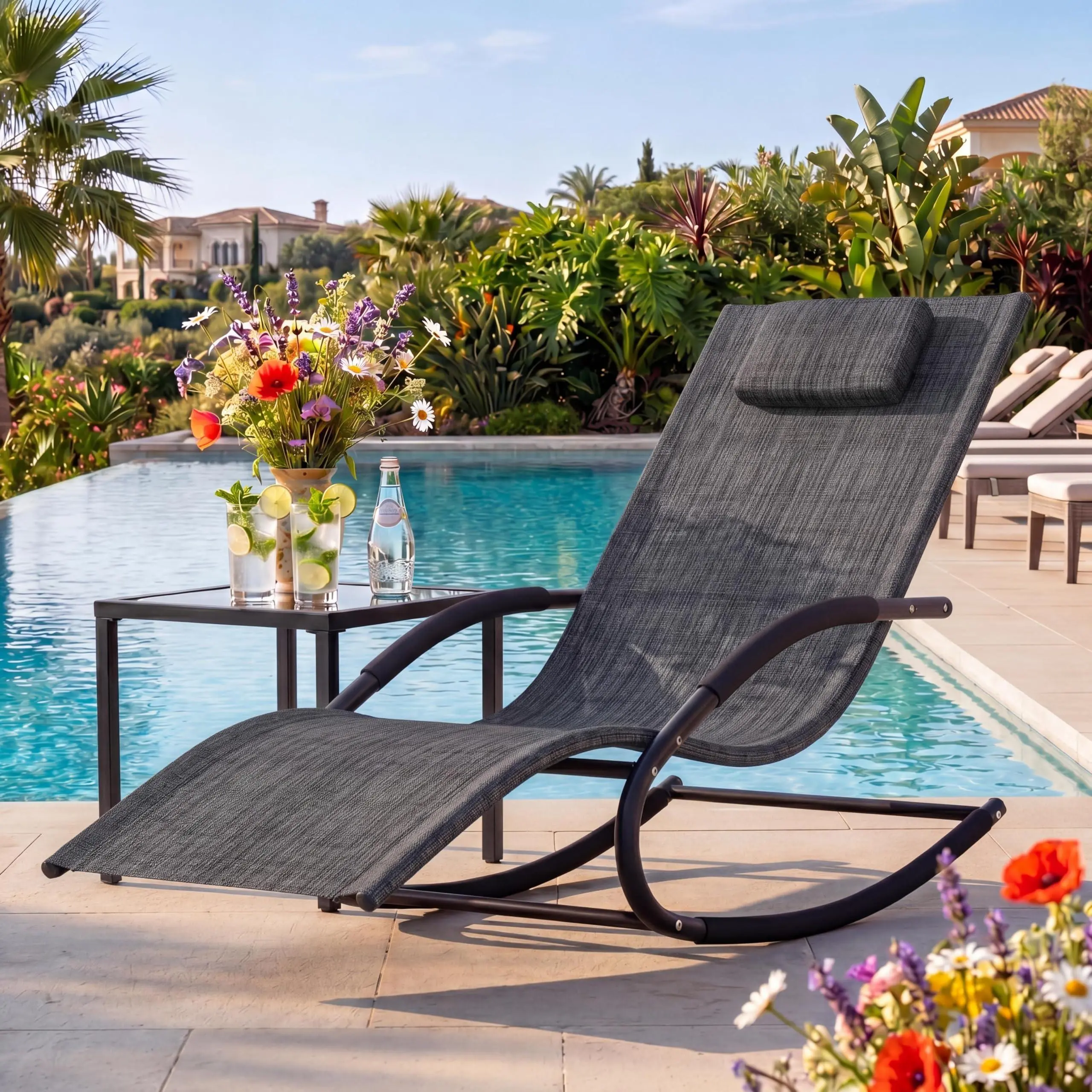 Outdoor Lounge Chair, Rocking Chair, Lounge Chair Recliner with Detachable Pillow for Patio, Lawn, Pool, Outdoor Home Furniture, Grey