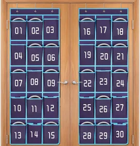 2 Pack Classroom Headphone Storage Organizer, 30 Pockets Wall Hanging Numbered Headphone Holder, Over The Door Classroom Pocket Chart for Headphones, Cell Phone, School Supplies (Blue)