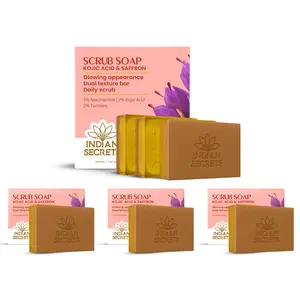 Indian Secrets Kojic Acid & Saffron Scrub Soap Bar - Brightening Face & Body Soap with Niacinamide, Turmeric - Exfoliating & Cleansing Bar - (6 Units Bundle x 110g/3.88oz)