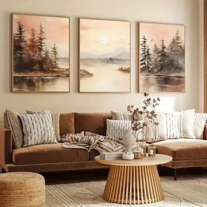 3 Pieces Optional Wooden Frame Sunset Forest Lake Zen Sunset Distant Mountain Bird Landscape Decor Painting Canvas Painting Wall Art Wall Picture Decor Home Aesthetic Room Decor Artwork