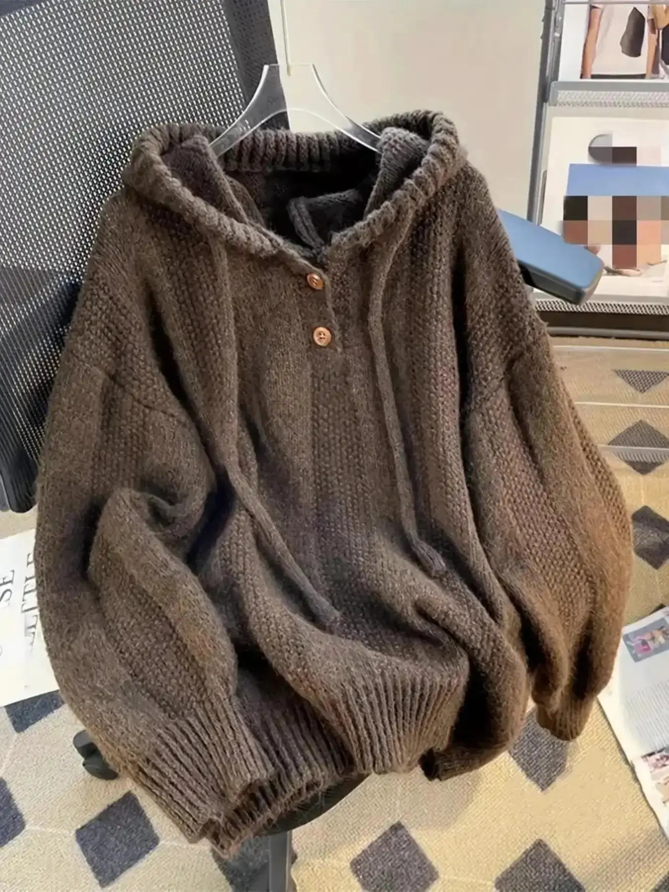 Women's Oversized Loose Baggy Hooded Button Up Adjustable Drawstring Long Sleeve Pullover Sweater Autumn/Winter Casual Solid Color Warm Thick Chunky Cozy Soft Jumper Sweater Top, Women Fall Outfit, Winter Sweater for Women, Fall Knit Outerwear, Garment