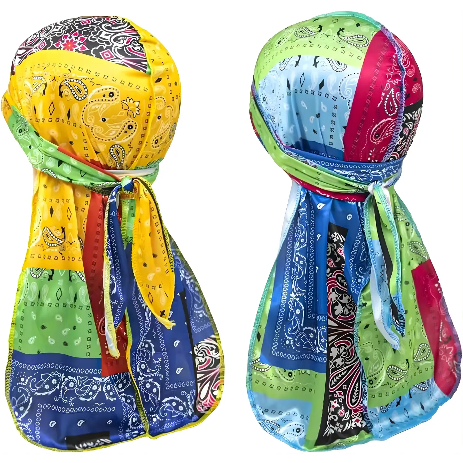 2 Pack Silky Durags for Men and Women Long Tail Turban Hat Wave Cap Hair Scarf Headwrap Hip Hop Do Rag for Sports Sleep and Braids