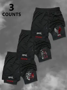 Men's 3-Piece Set Shorts, Summer Fashion Fake Two-Piece Pants, Angel Devil Print Drawstring Basketball Shorts, Ideal for Sports, Elastic Shorts Set, Comfy Stretchy Shorts