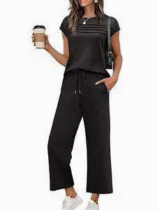 2-Piece Crew Neck Short Sleeve Pleated Striped Fitted Top & Drawstring Cropped Pants Set, Casual Minimalist Style, Outfit
