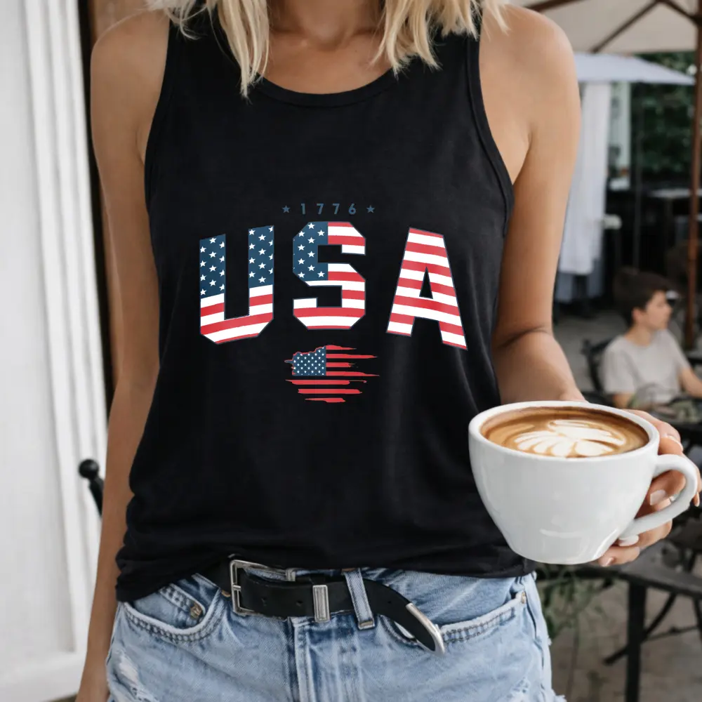 Usa Flag Design 1776 Women's T-Shirt Crew-neck Sleeveless Vest Outdoor Casual Short Sleeve