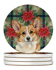 Carolines Treasures WDK8753RCS4 4 x 4 in. Corgi Christmas Poinsettias Large Sandstone Coasters, Pack of 4