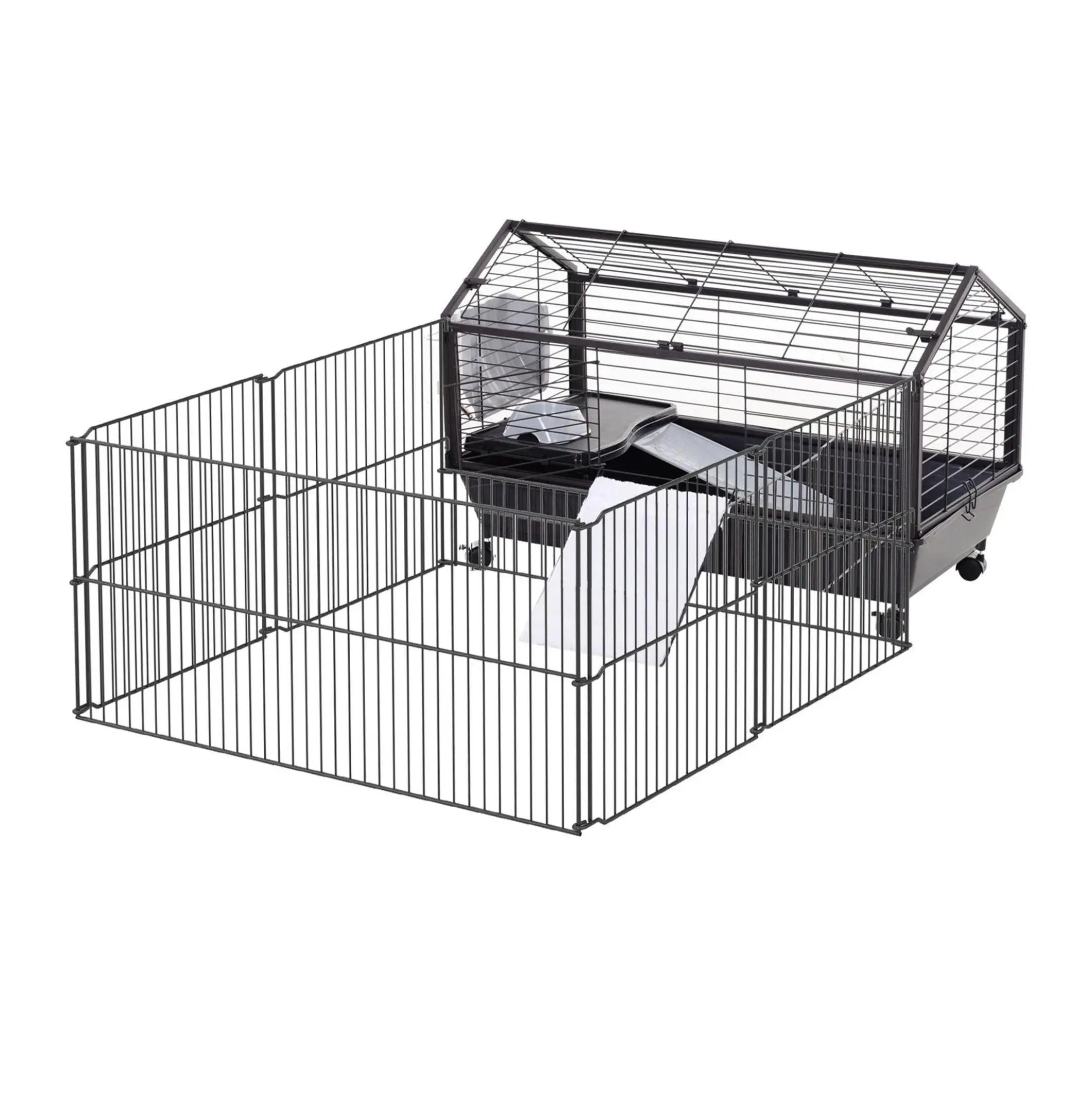 Small Animal Hutch 35L Cage with Wheels - Bunny Playpen for Guinea Pig, Chinchilla - Black, Plastic, Steel, 16.25" L X 9.75" W