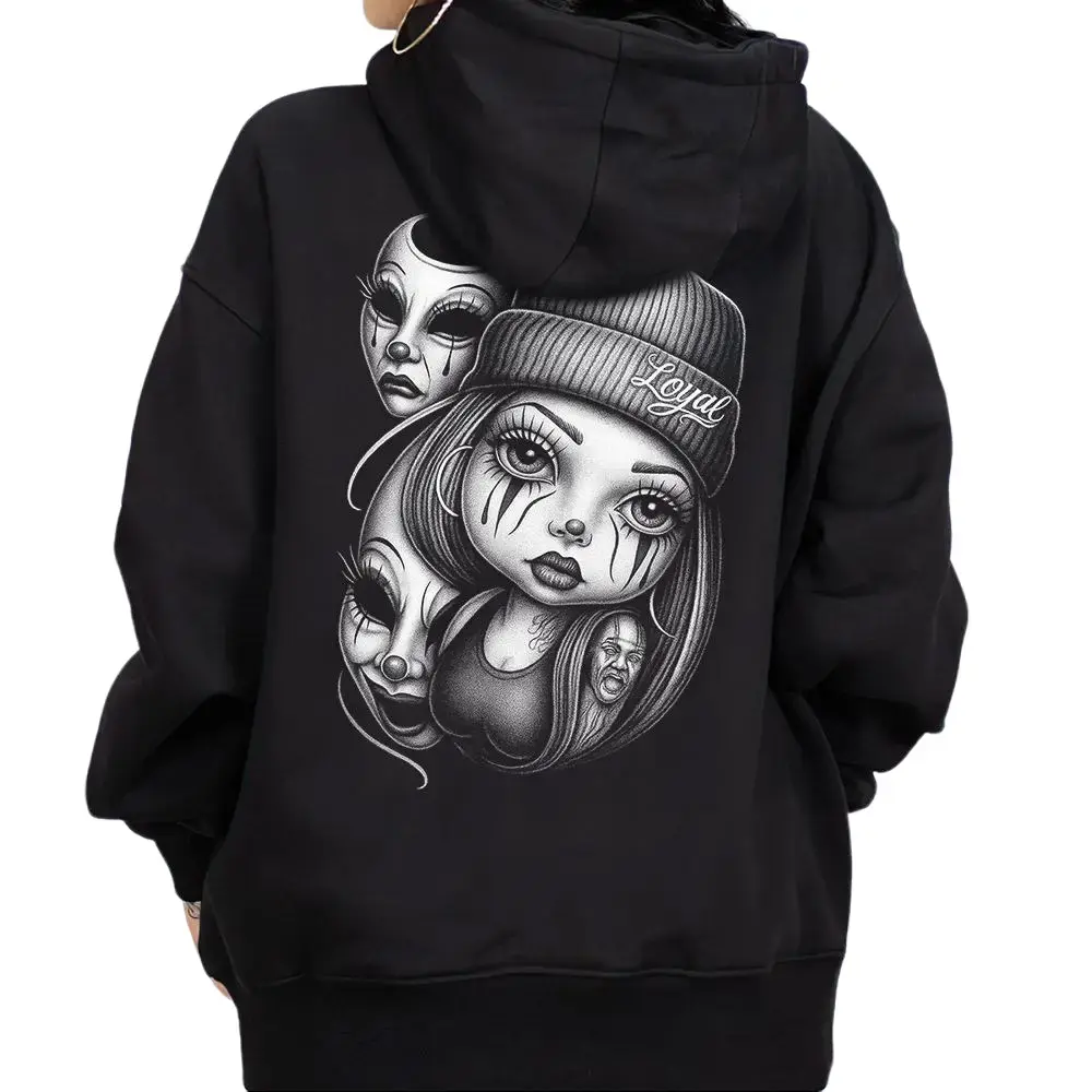 Women's Smile Now Cry Later Chicano Art Cotton Hoodie - Loose Oversized Tops with Button Detail, Lowrider Chicana Gangster Cholo Unisex Casual Streetwear Graffiti Fabric Sweatshirt