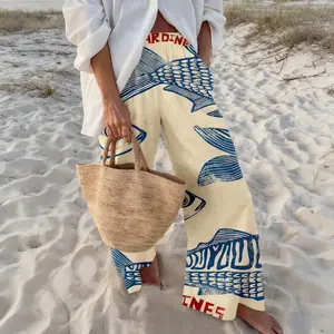 Women’s retro sailboat-style sardine print wide-leg pants with striking color contrast, loose and comfortable GARMENTARY