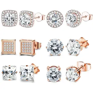6 Pairs Sparkly CZ Stud Earrings Set | Hypoallergenic Stainless Steel | Square & Round Clear Crystals for Sensitive Ears