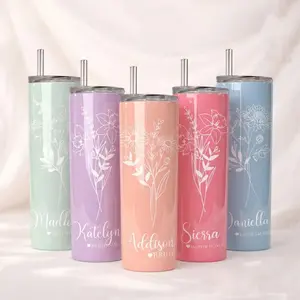 BojjiCo Personalized Insulated Stainless Steel Skinny Tumbler - Customized Reusable Water Bottle for Bridesmaid Proposal, Bachelorette Favors, Birthday Gifts with Metal Straw (Maid of Honor, Preppy Floral Coquette Pastel Aesthetic)
