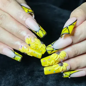 NailBee 3D Sunflower Press On Nails | Yellow French Tip Nude Fake Nails with Rhinestones