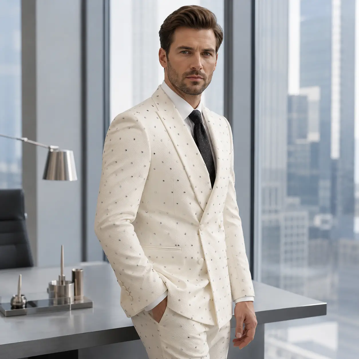 Men's Slim Fit 2-Piece Suit in Embellished Polyester, Double-Breasted Evening Blazer with Matching Pants, Buttons, Two Piece
