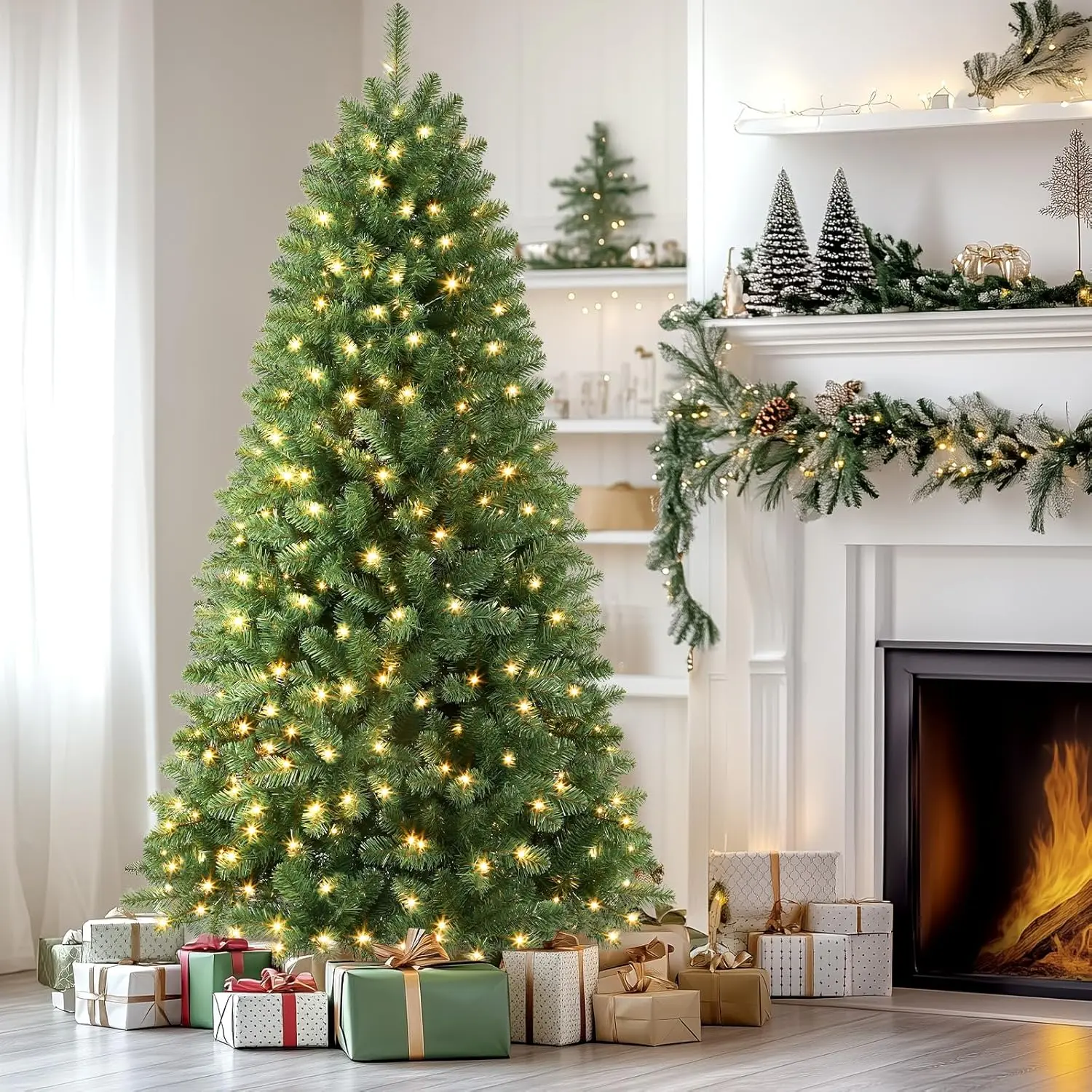2026 Pre-Lit Green Christmas Tree, Remote Control with 12 Lighting Modes, Warm White Lights, 4/5/6/7.5/9ft, Hinged Branches, Foldable Stand, Minimalist Holiday Decor