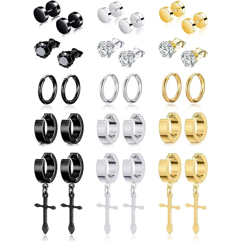 15 Pcs Stainless Steel Cross Dangle & CZ Stud Earrings Set Perfect for Men and Women