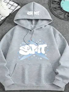 Men's Emrg Loose Hoodie Sweatshirt with Slogan & Cartoon Pattern, Long Sleeve Casual Top for Summer & Fall, Fitted Style