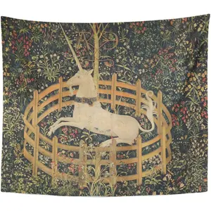 Semtomn Medieval Vintage Hunting Unicorn Motif Rectangular Tapestry Wall Hanging, 50x60 In Multi-Size Printed Cloth, Chic Home Decor for Bedroom, Living Room, Room Inspo (Mattress Cover/Tablecloth/Curtain)