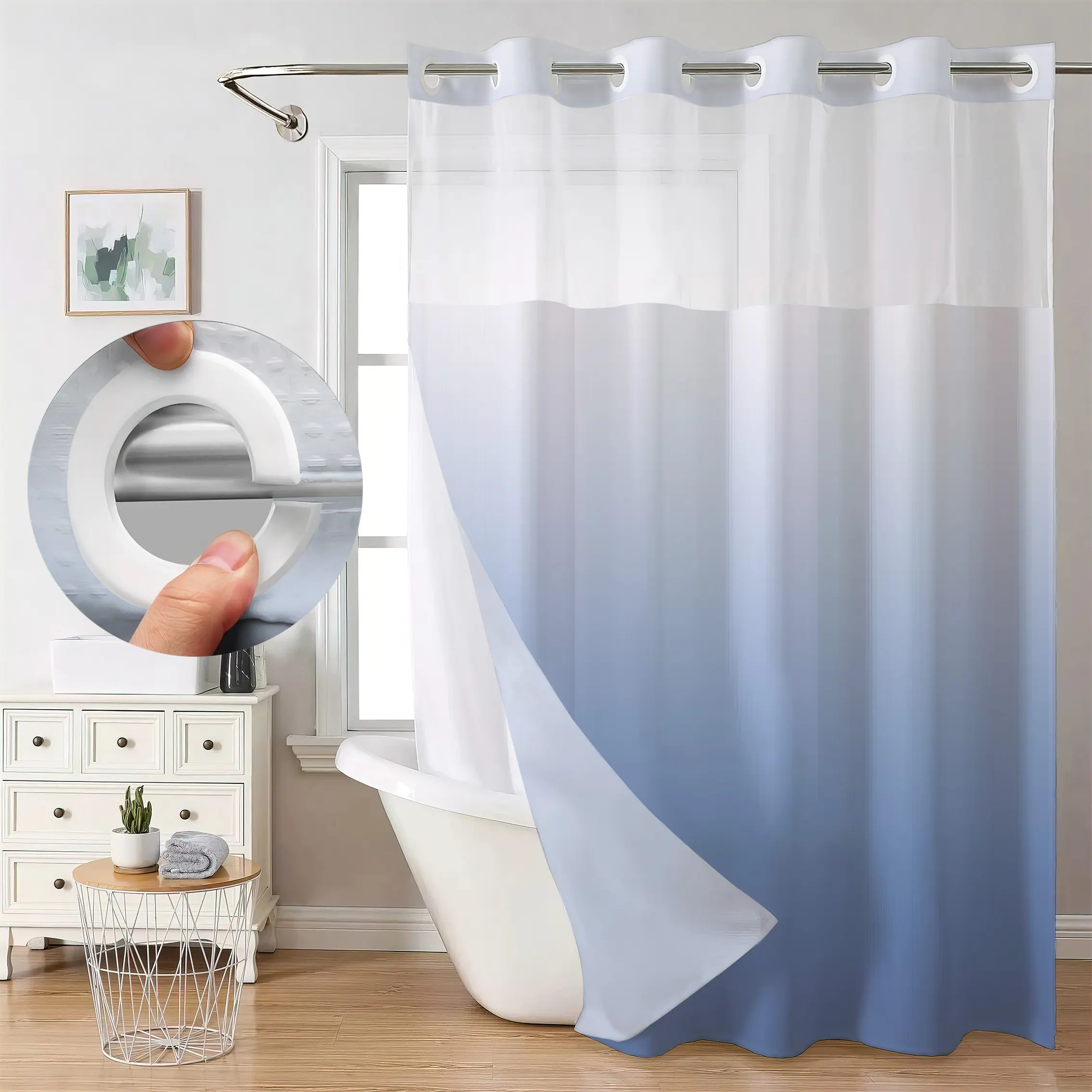 Polyester 1-Piece No Hook Gradient Waffle Shower Curtain and Liner Set, Double Layer with Built-In Hook, Stylish Home Bathroom Decor Supply, One Piece