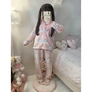 Cartoon Chiikawa Pajamas Girls Winter Coral Velvet Plus Velvet Thickened and Warm Usagi Hachiware Cute Pajamas Home Clothes Set
