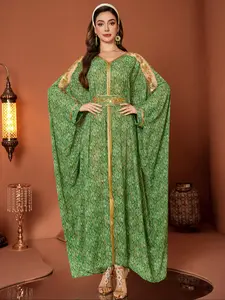 Embroidered Kaftan Robe, Gold Leaf Pattern, Perfect for Weddings & Ramadan, Elegant Long Dress, Muslim Women Gowns, Women's Fashion