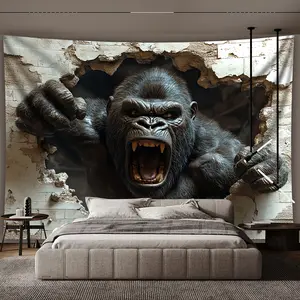[1pc Fierce Gorilla Tapestry] 1pc Extra Large Fierce Gorilla 2D Landscape Photo Tapestry |   Oversized Polyester Hanging Fabric for Living Room Bedroom Office Home Party Decoration Live Stream Backdrop, No Installation Required