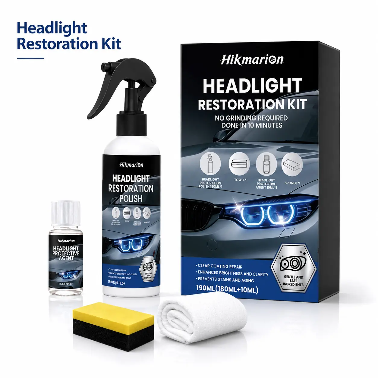 Fast Easy Car Headlight Restoration Kit for Foggy Yellowed Lenses Advanced Crystalline Coating Polish and Protectant Set Easy DIY Repair for Car Detailing (180ml+10ml)
