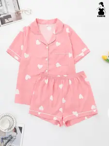 Women's Plus Size Sleepwear Loungewear Pajama Set, Collared Short Sleeve Top and Shorts, Heart Print, Polyester Woven Fabric, Perfect for Home Wear