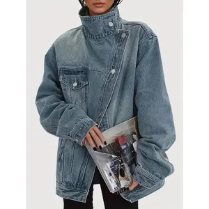 Women's loose denim jacket - asymmetrical diagonal buckle design, multiple pockets | long sleeved retro blue denim jacket, suitable for street fashion (2025 autumn/winter fashion) women's outerwear