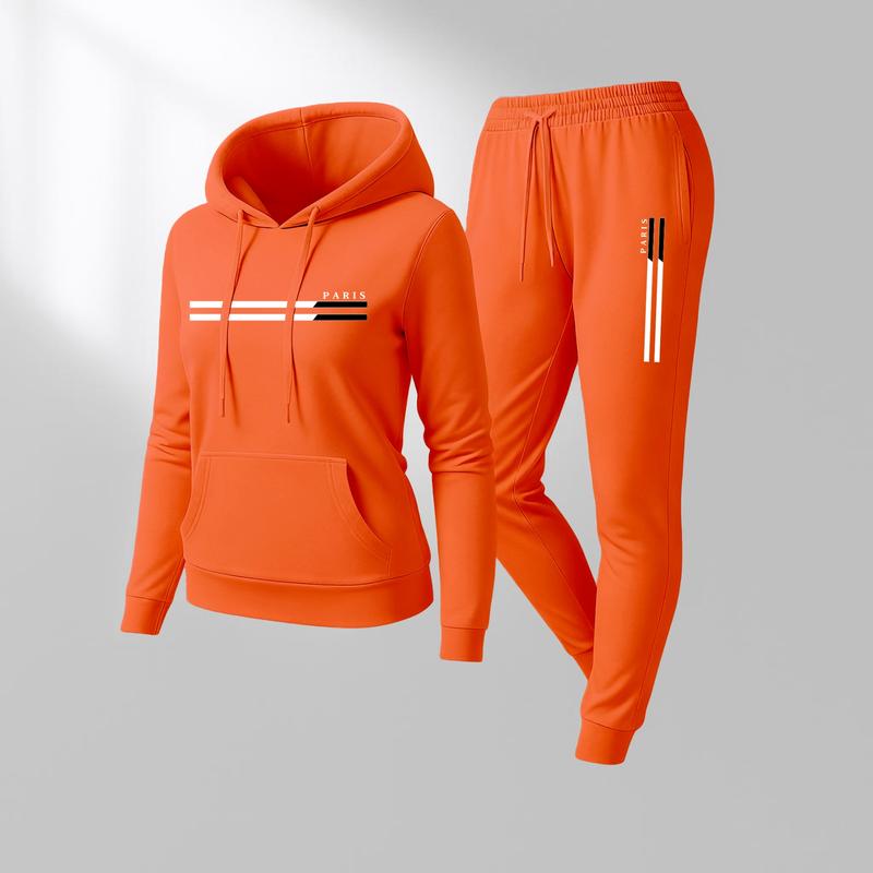 Women's PARIS Print Hoodie And Drawstring Track Pants Set, Casual Sportswear, Long-Sleeved Hooded Jacket And Pants, Suitable For Autumn And Winter, Everyday Wear, Indoor And Outdoor Sportswear, Casual Sportswear.