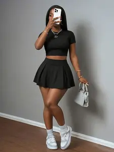 Women's Casual Fashion Sporty Top and Skirt Set, Soft Fabric, Ideal for Spring Summer Outdoor Activities