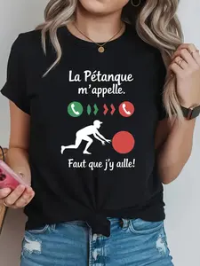 Petanque Is Calling Me Letter Print T-shirt, Short Sleeve Crew Neck Casual Top for Summer & Spring, Women's Clothing