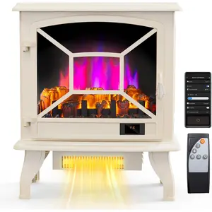 ROVSUN 23" H Electric Fireplace Stove Space Heater, 1400W Portable Freestanding with Thermostat, Realistic Flame Logs, Overheat & Tip-Over Protections for Bedroom Living Room, White, CSA Approved