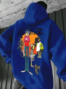Men's Gorillaz Pattern Hoodie, Official Band Merchandise, 4 Character Print, Casual Pullover, All-Season Comfort