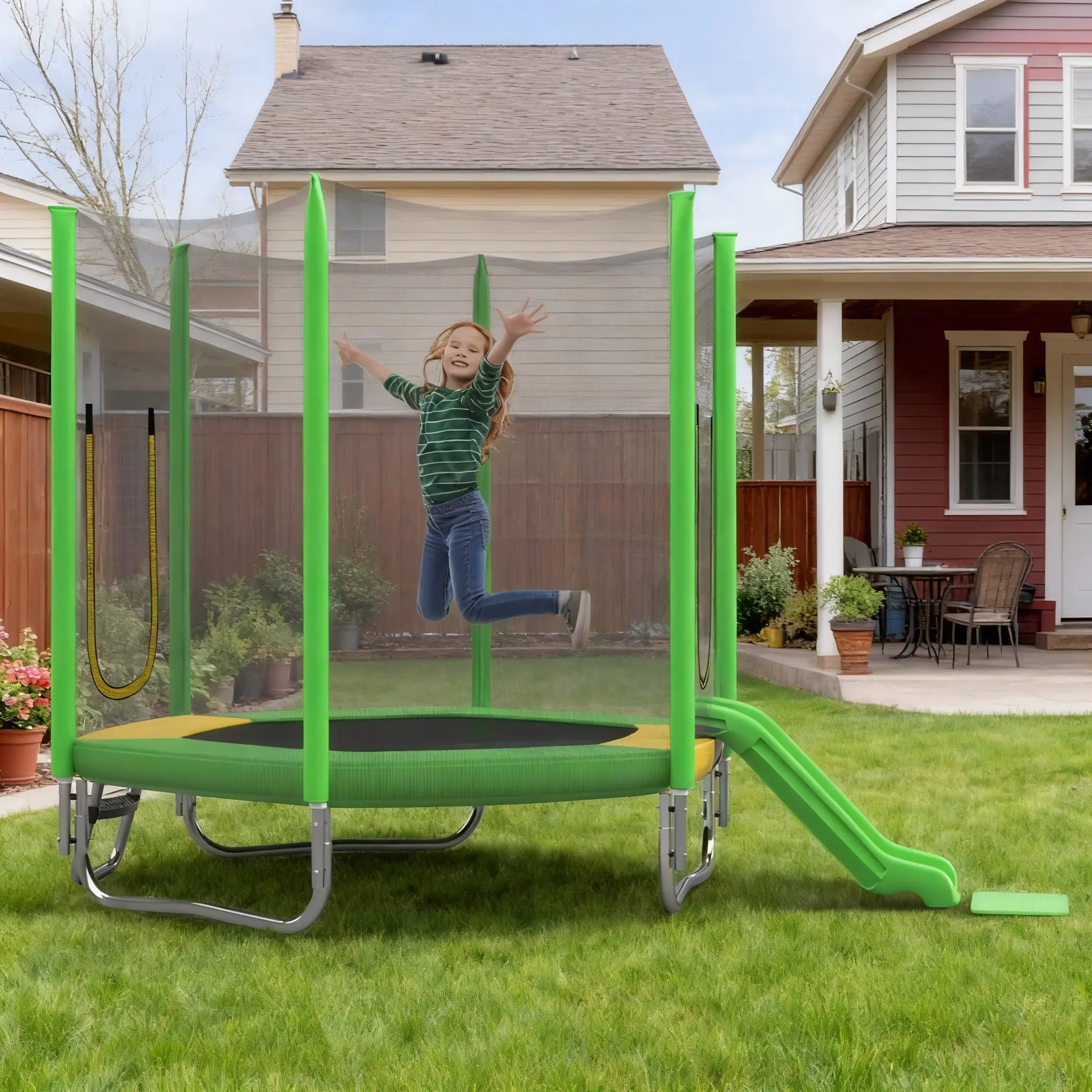 7FT trampoline with safety fence net, slide and ladder, easy to assemble, regular hexagonal outdoor leisure trampoline