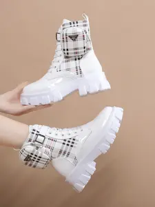 Women's Casual Leather Boots, Winter Warm Boots, Thick Heeled Boots, PU Canvas Patchwork Design, Fashionable Comfort, Perfect for Daily Wear, Winter and Fall Fashion