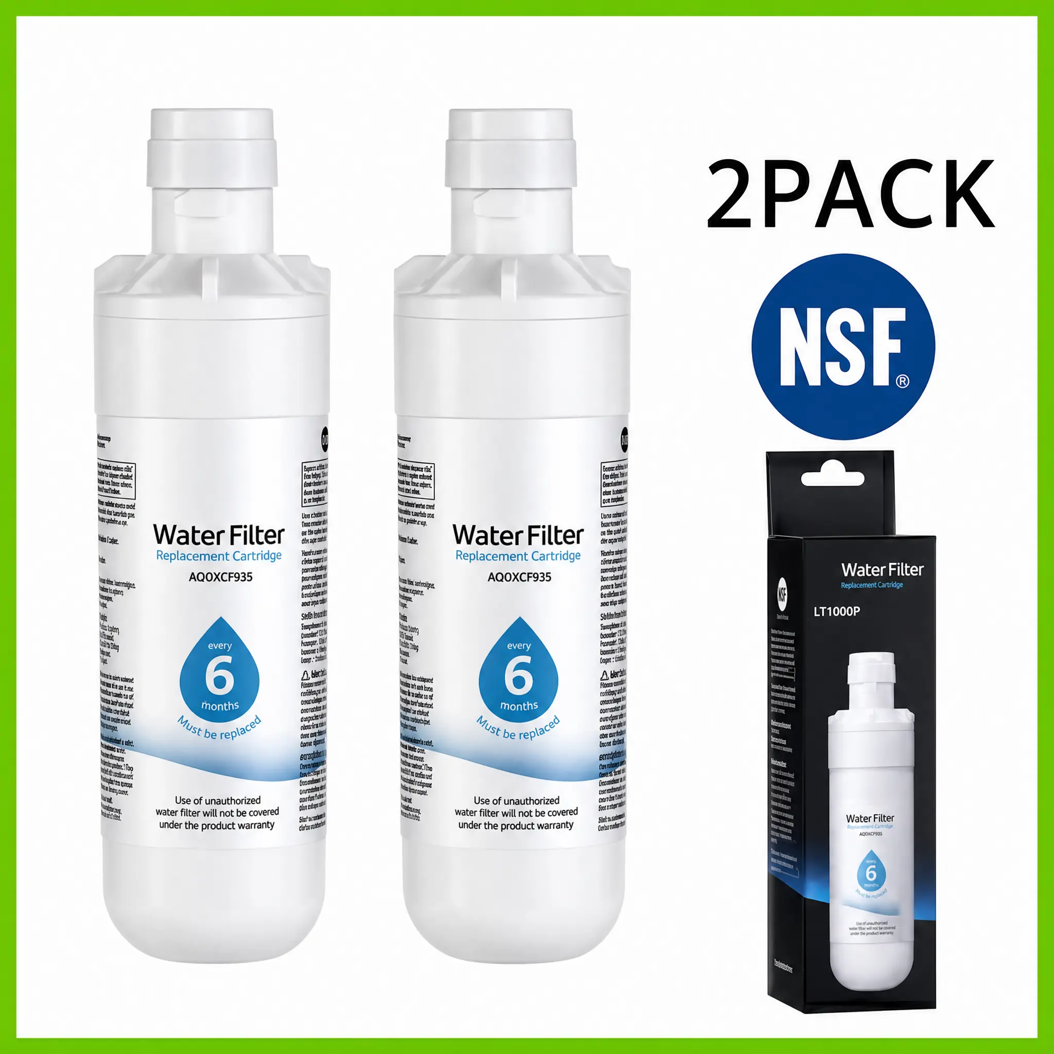 LG LT1000P Refrigerator Mount Water Filters Replacement (2-Pack Value), NSF Certified, Removes Chlorine, Mercury, Benzene, Asbestos, Reduces Lead, Compatible with ADQ747935, GF-D706BSL, US Stock, Asbestos Removal, Mercury Removal, Fridge Refrigerator, 6 M