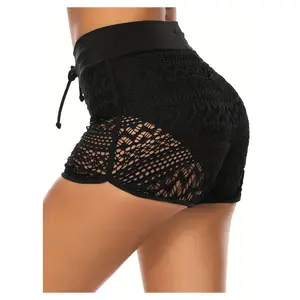 Women's Swim Shorts Black Lace High Waisted - Drawstring Beach Bottoms Cover Ups Ruched Swimwear Bathing Suit Bottoms for Women Teen Girls