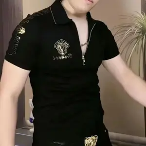 Men's Summer Men's Short-sleeved T-shirt Lapel Casual Clothes Men's Printed Semi-zipper TopGift1