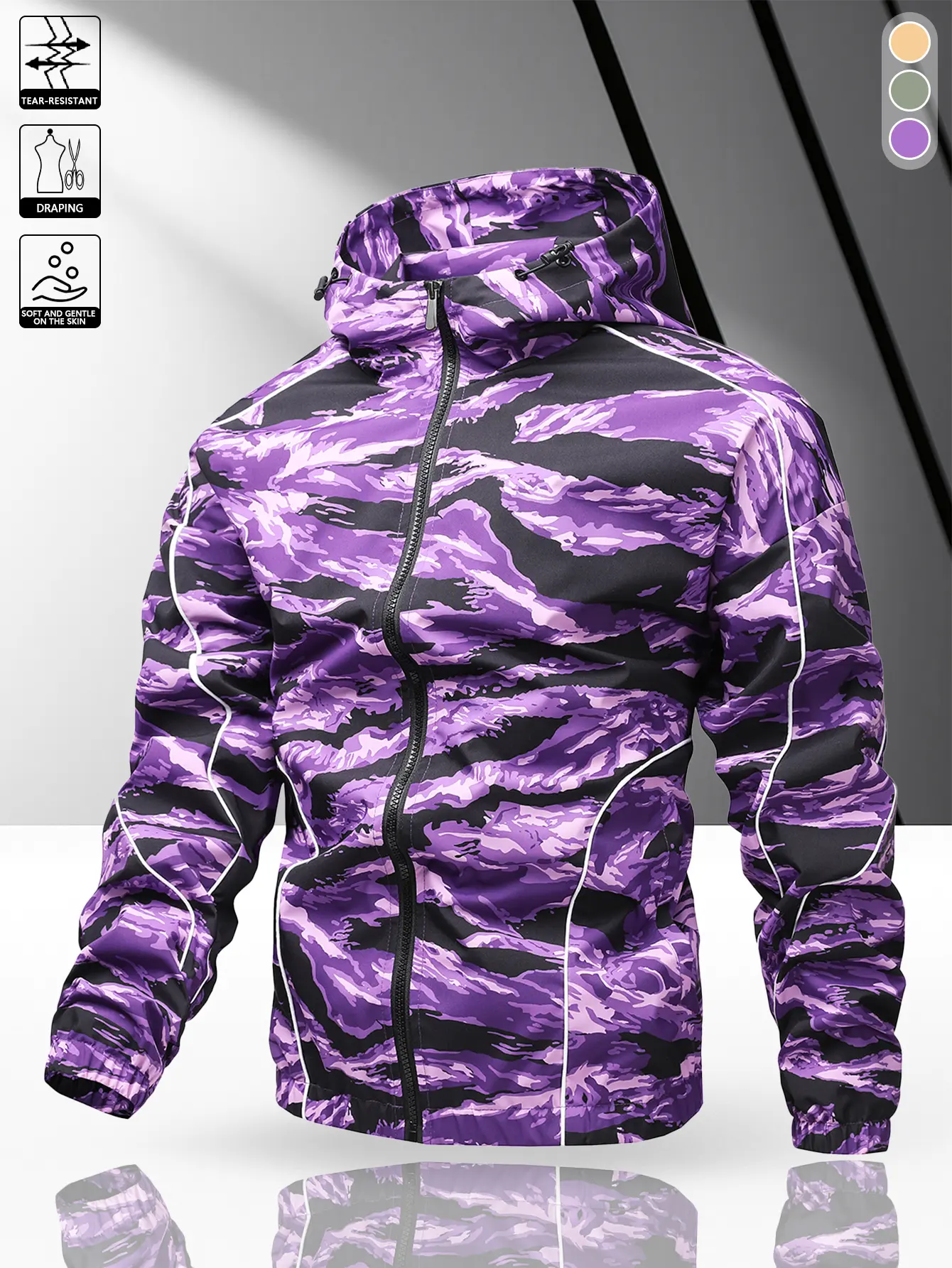 Men’s purple-and-black camouflage hooded sports jacket, high-street style gradient camouflage jacket, casual outdoor men’s top for multiple scenarios