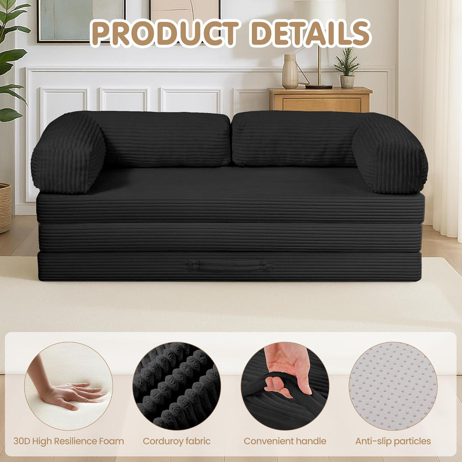 Winzoo 5-in-1 Convertible Sofa Bed,Boneless Couch Tri Folding Floor Mattress with Removable L-Shaped Armrests & Handle,Corduroy Futon Couch Sleeper with Pull Out Bed for Living Room Bedroom Apartment