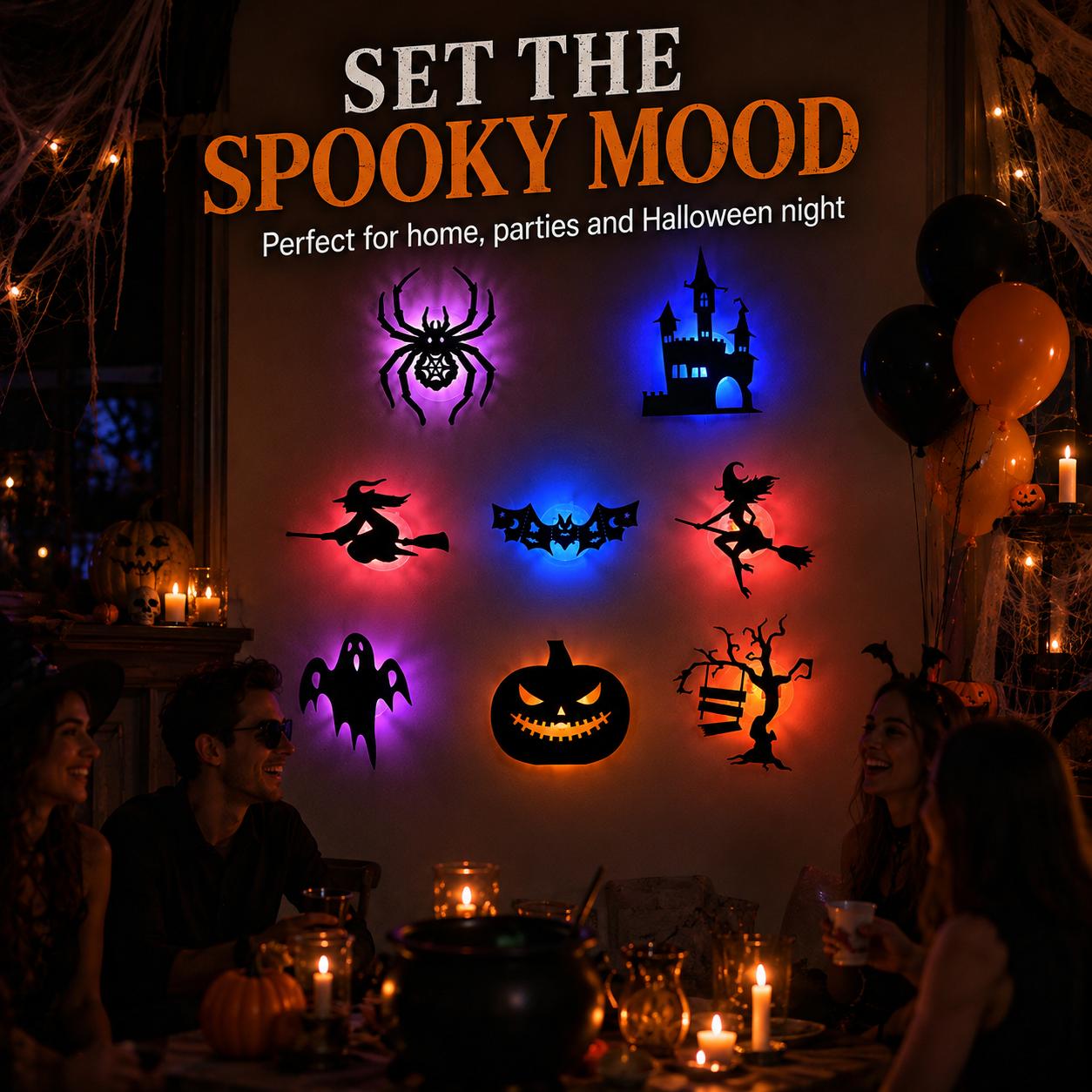 Halloween silhouette decorations arranged in different locations